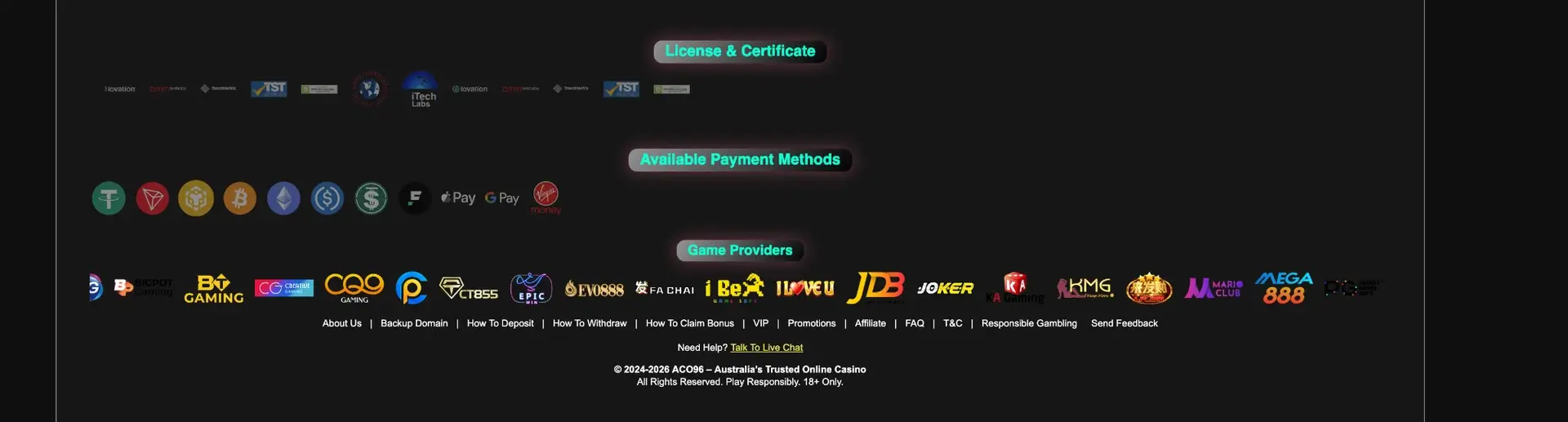 Payment methods available at Aco96