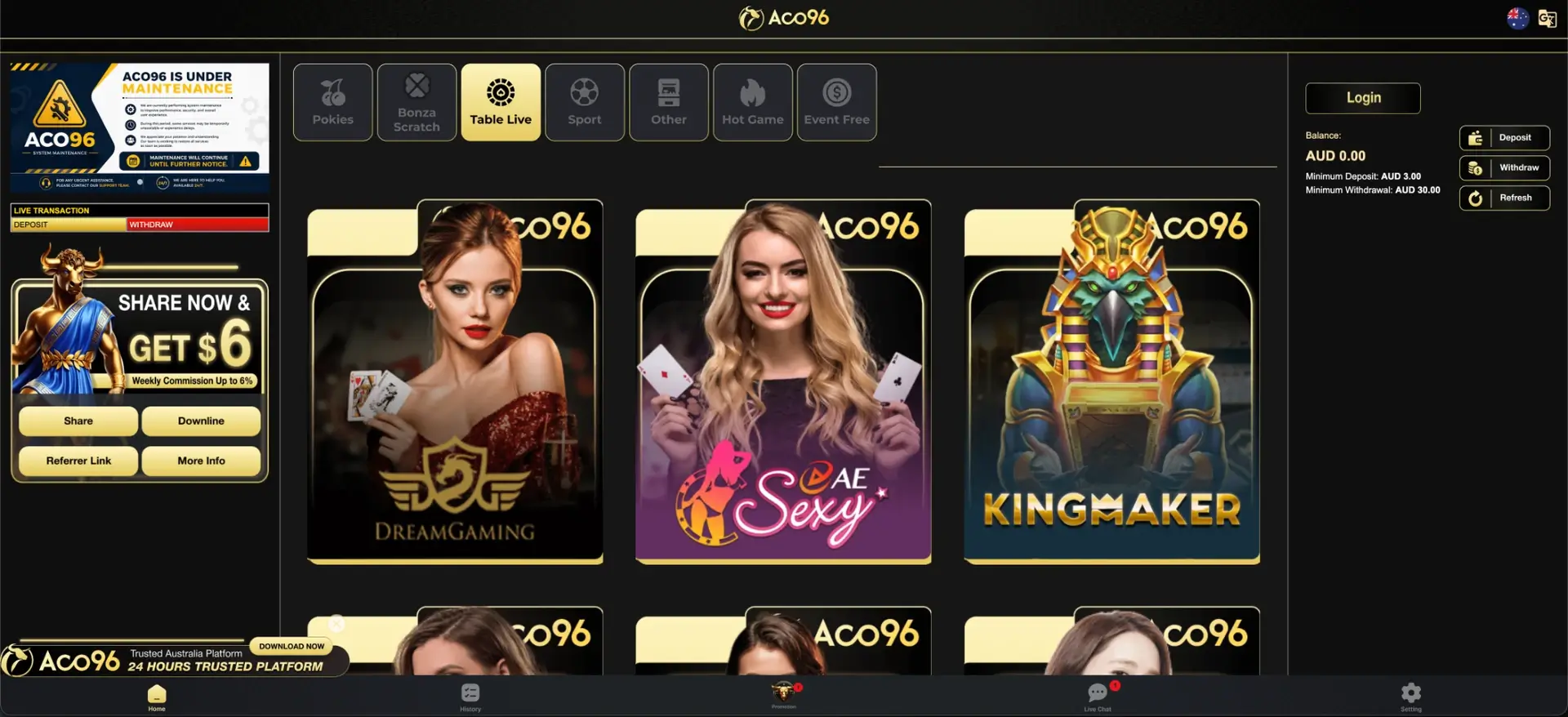 Table and live games at Aco96